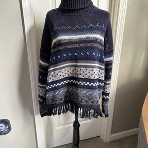 Elegant Navy Patterned Turtleneck Sweater With Fringe